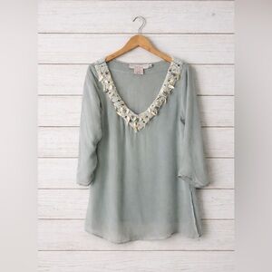 Gretchen Scott Dessigns Woman’s Blouse Size M Beaded Shells 100% Silk 3/4 Sleave